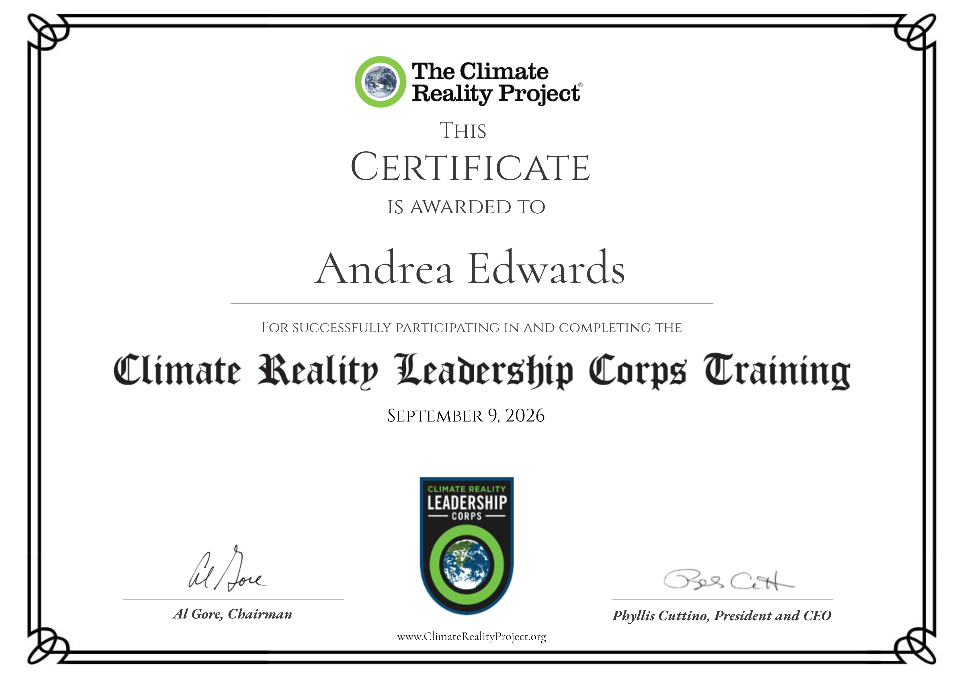 Climate Reality Leadership Corps Training certificate awarded to Andrea Edwards on September 9, 2026