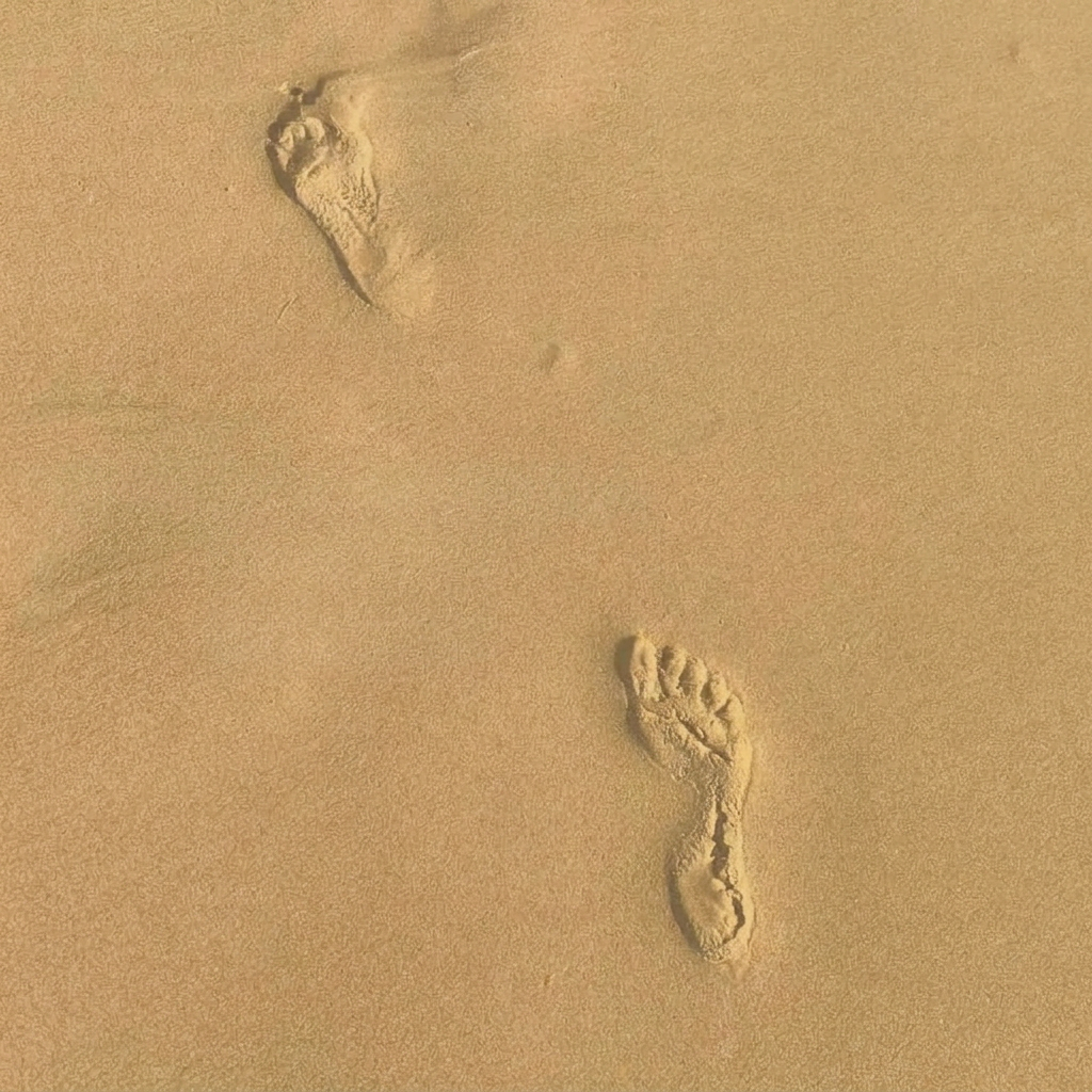 Two footprints in the sand, showing Andrea's walking path