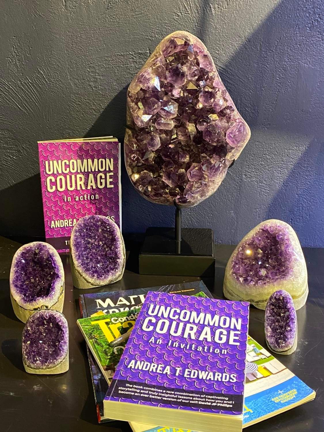 Books with amethyst crystals